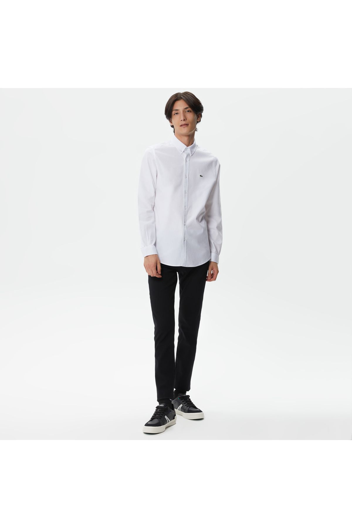 پیراهن / بلوز دکمه دار سفید مردانه باریک اورجینال Lacoste