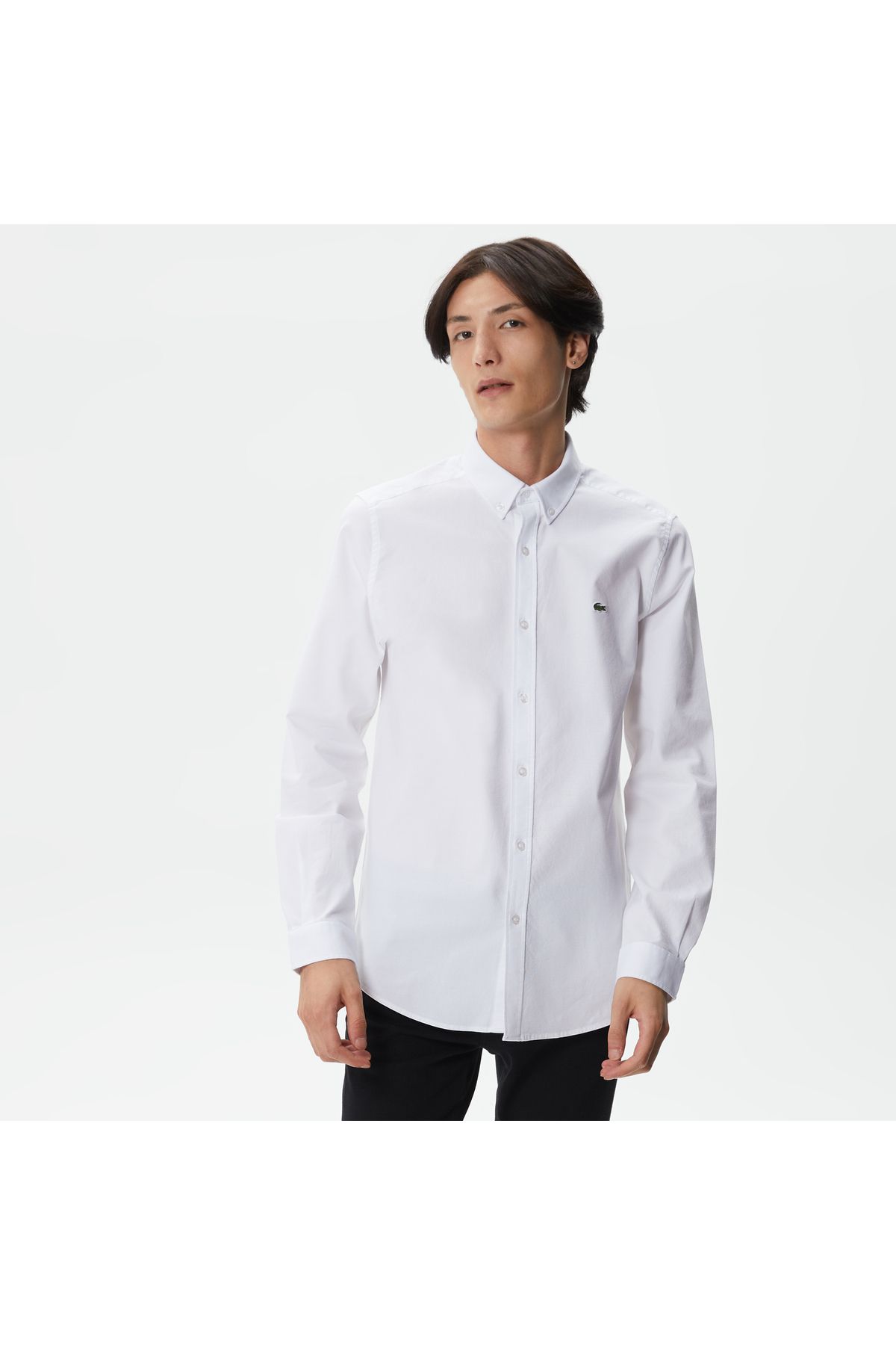 پیراهن / بلوز دکمه دار سفید مردانه باریک اورجینال Lacoste