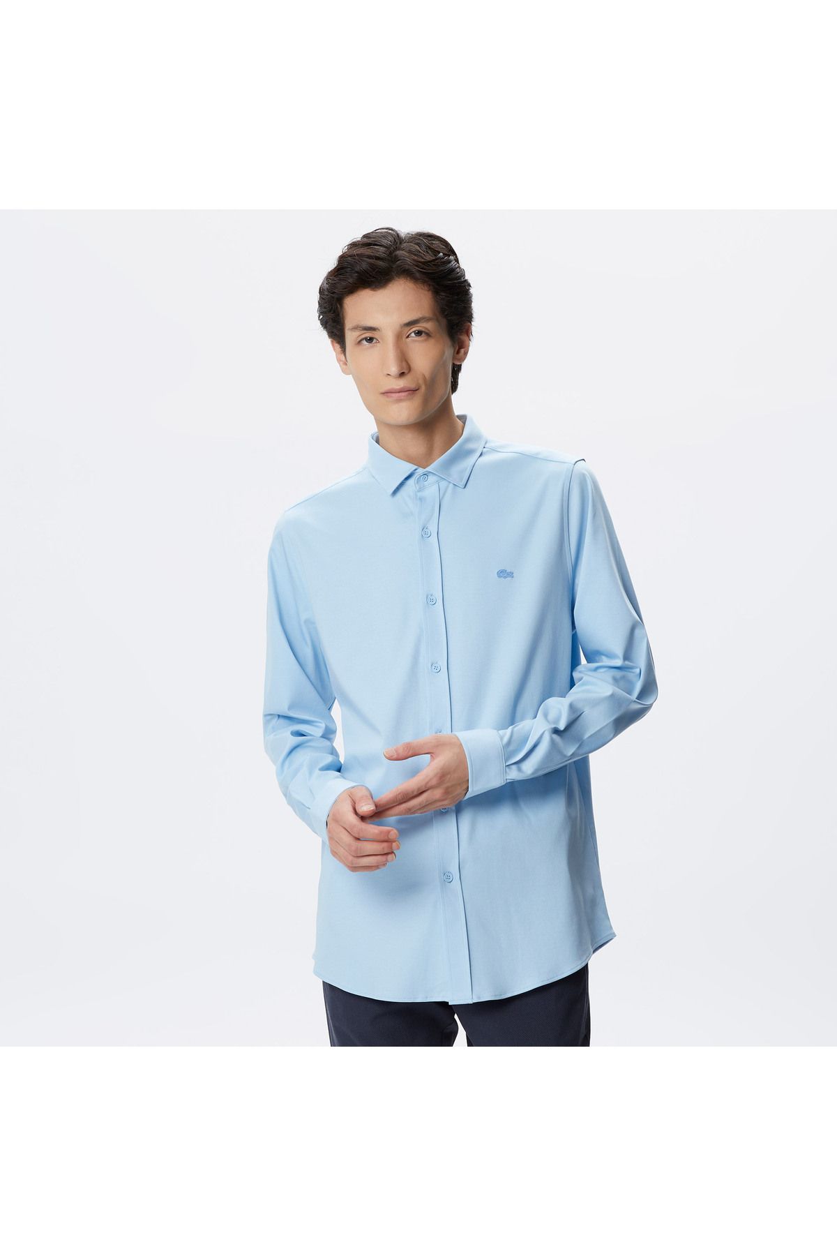 پیراهن / بلوز دکمه دار آبی مردانه روشن و باریک Lacoste