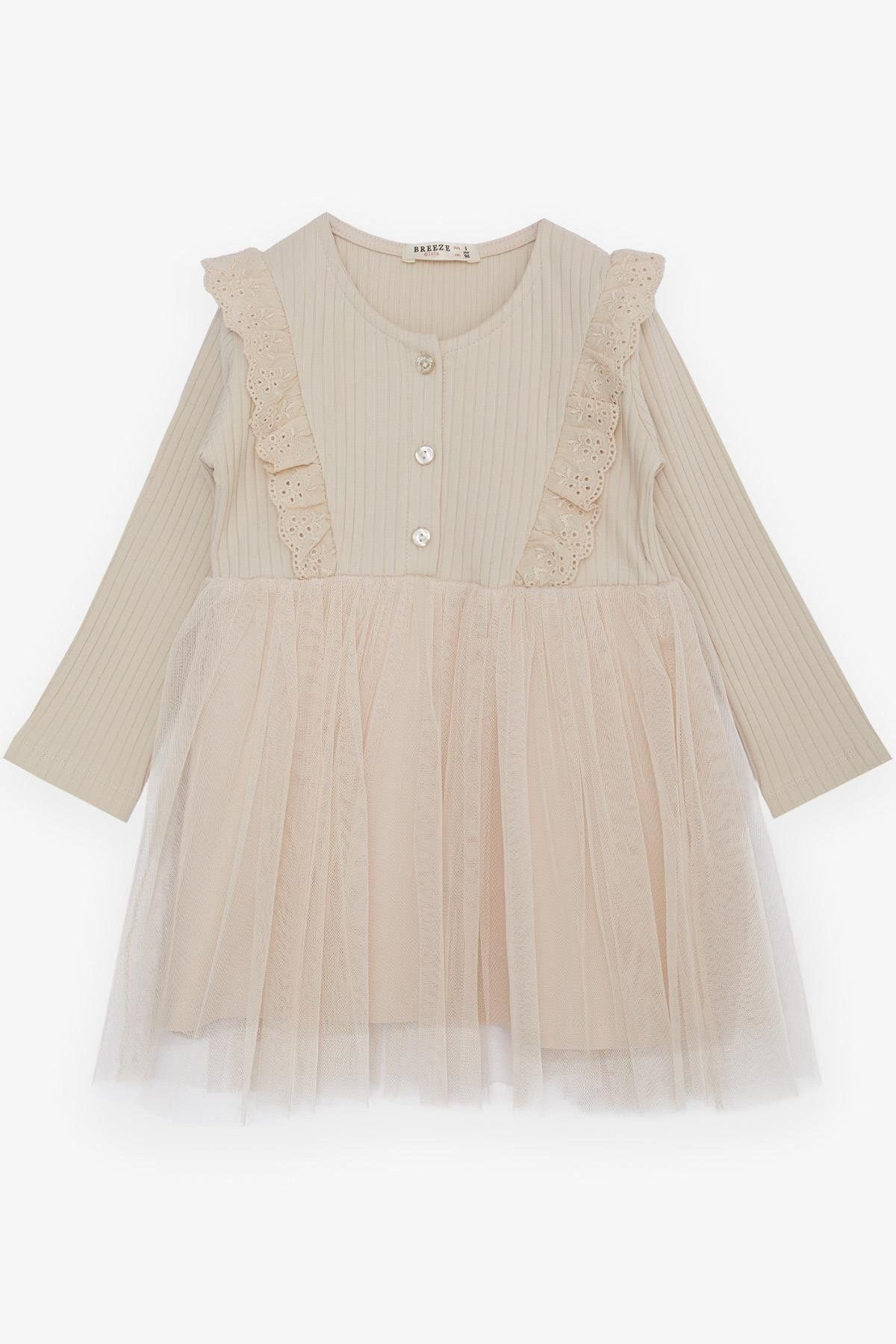 Breeze-Beige Girl's Long Sleeve Tulle Embroidered Dress - 1.5-5 Years 1