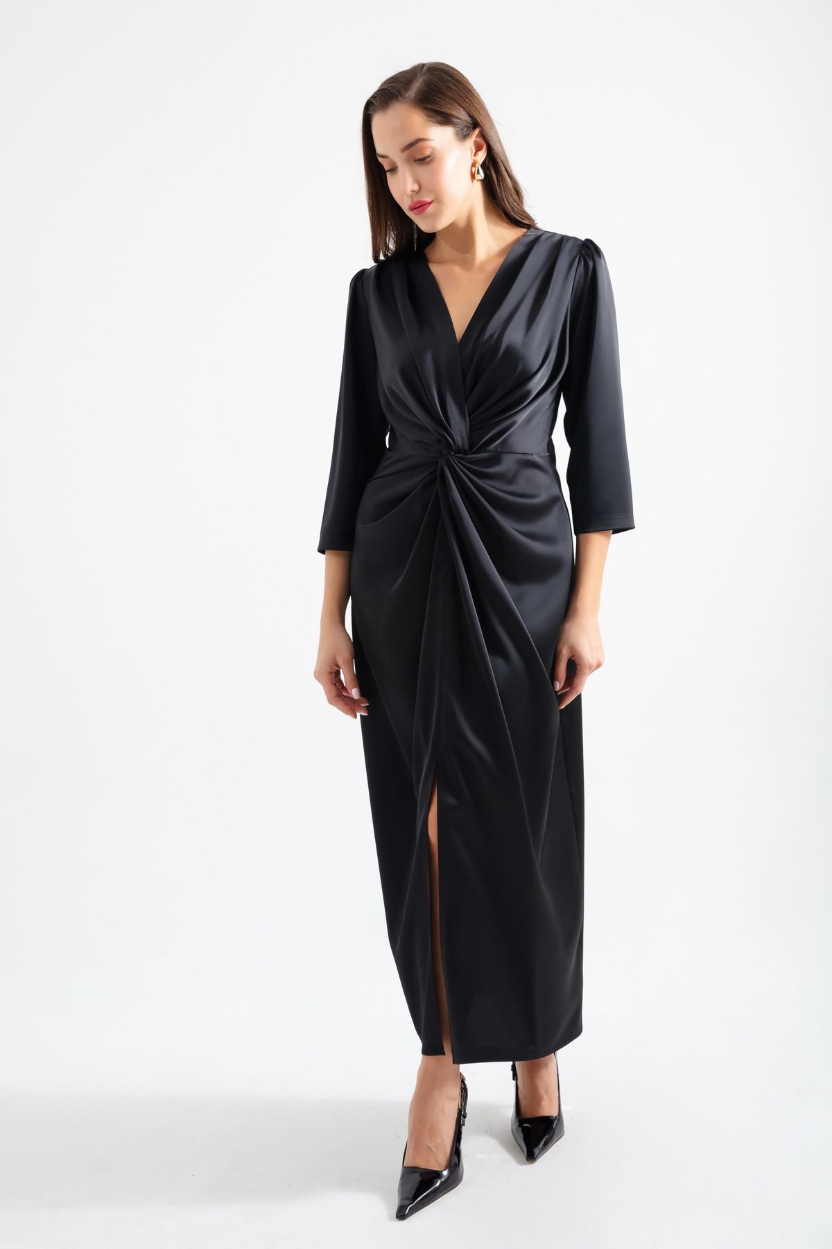Lafaba-Schwarzes Midikleid mit V-Ausschnitt für Damen 3