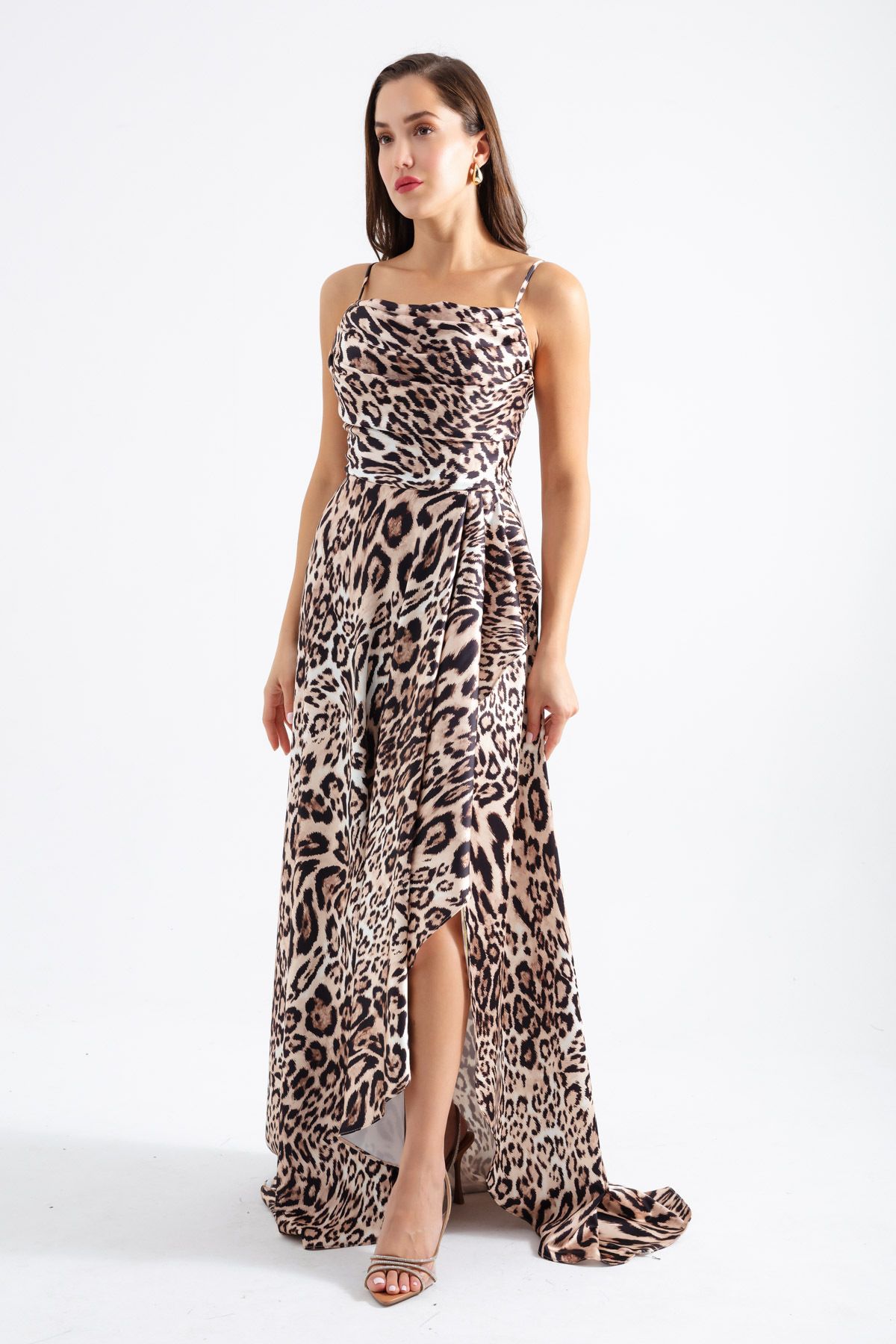 Lafaba-Women's Beige Leopard Print Slit Satin Evening & Graduation Dress 2