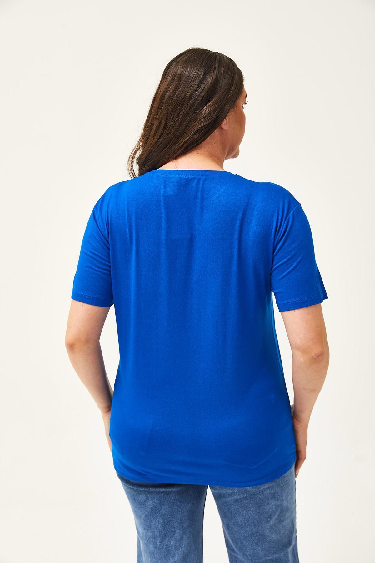 Ebsumu-Women's Plus Size Stone Printed Blue Blouse with Pocket Detail 7