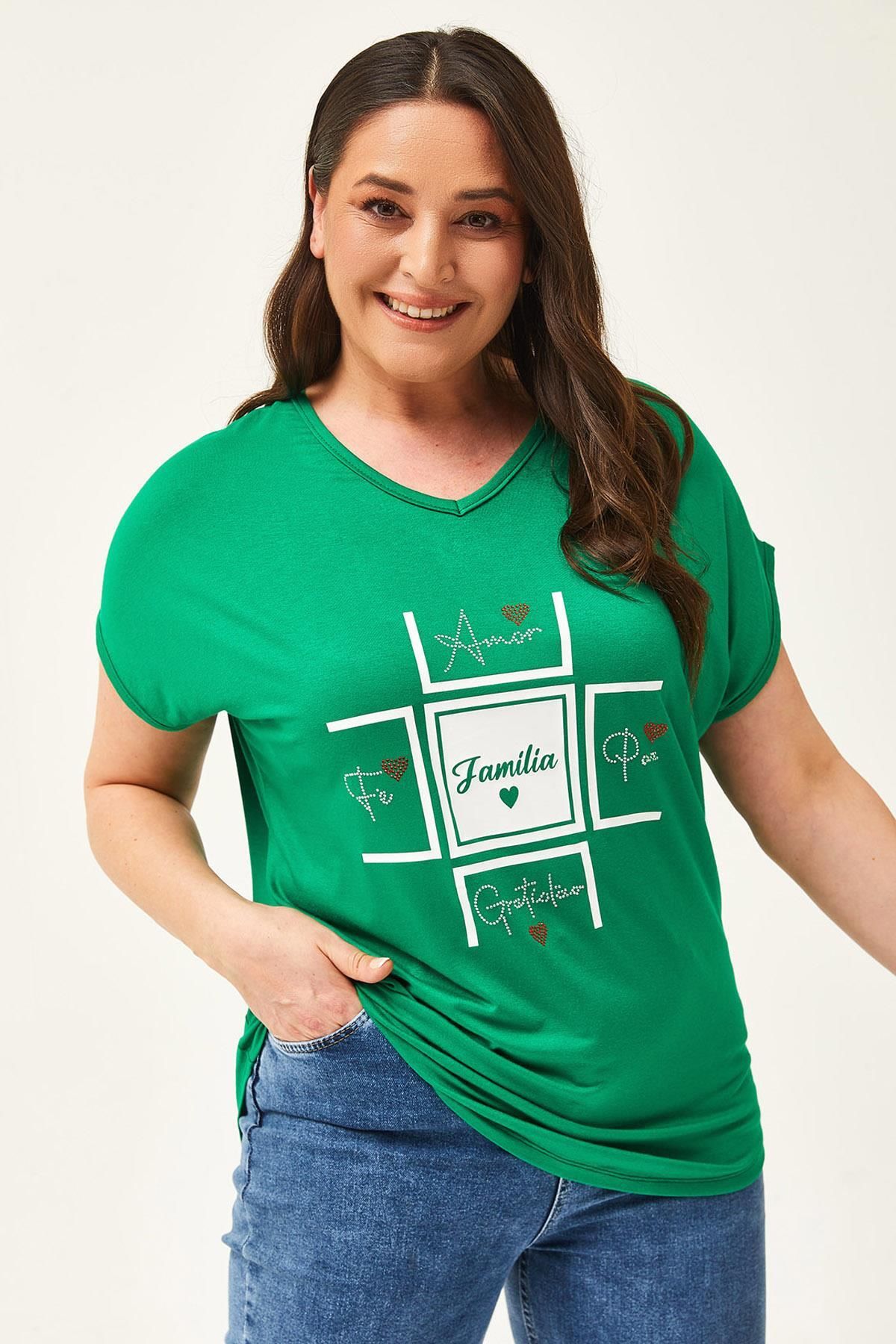 Ebsumu-Women's Plus Size Familia Printed Green Blouse 6