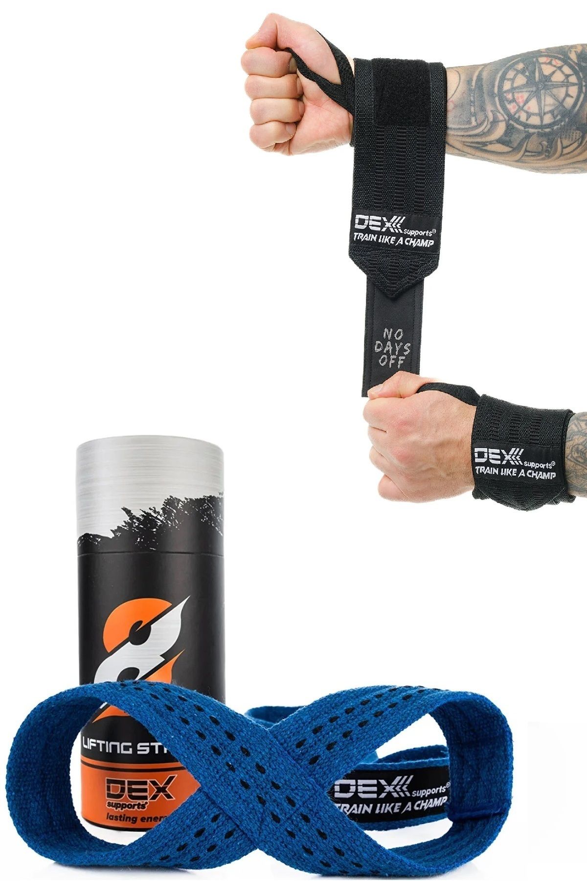 Dex Supports Fitness Sporcu Bilekliği Wrist Wraps Legend + Ağırlık Kayışı 8 Loop Lifting Straps Mavi 2'li Paket