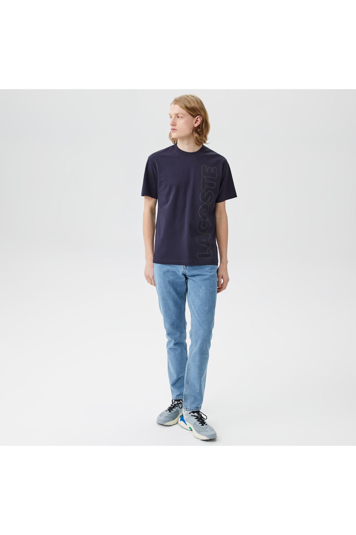 تی شرت آبی مردانه یقه دوچرخه تناسب با پیراهن رنگ دریایی طرح دار Lacoste
