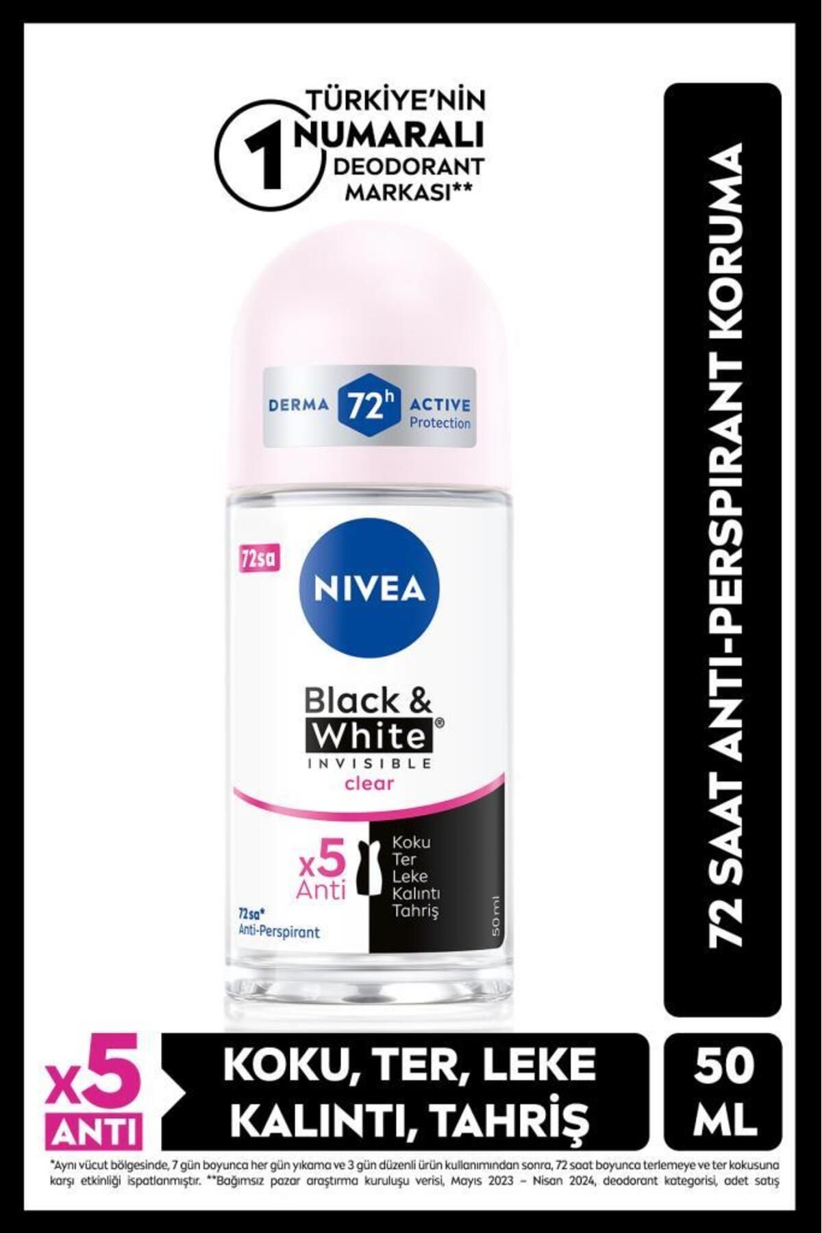 NIVEA Kadın Roll-on Deodorant Black&white Invisible Clear 50ml, Ter Ve Ter Kokusuna Karşı 72 Saat Etkili