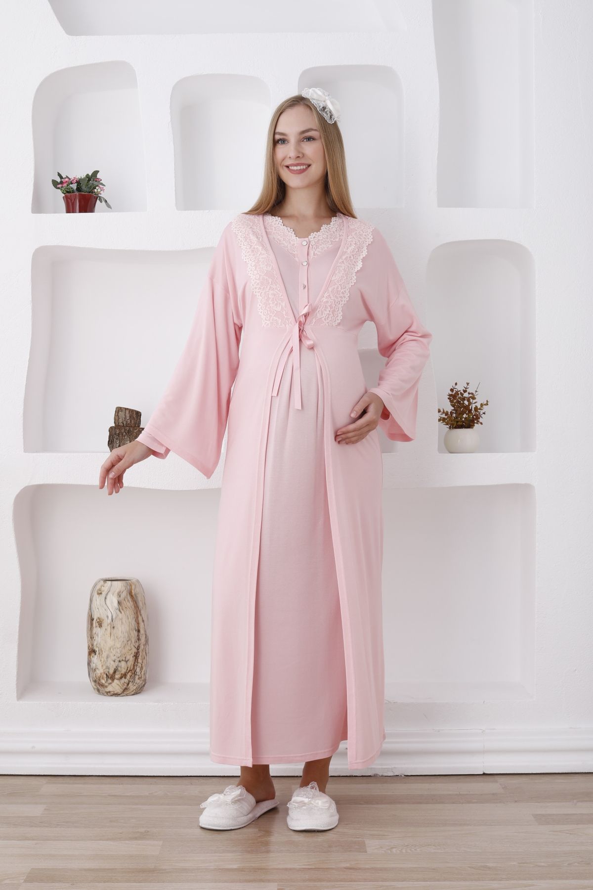 ERDENİZ TEKSTİL-Buttoned Laced Collar Long Sleeve Maternity-Pregnancy Nightgown Set of 2 (Autumn-Winter) 2