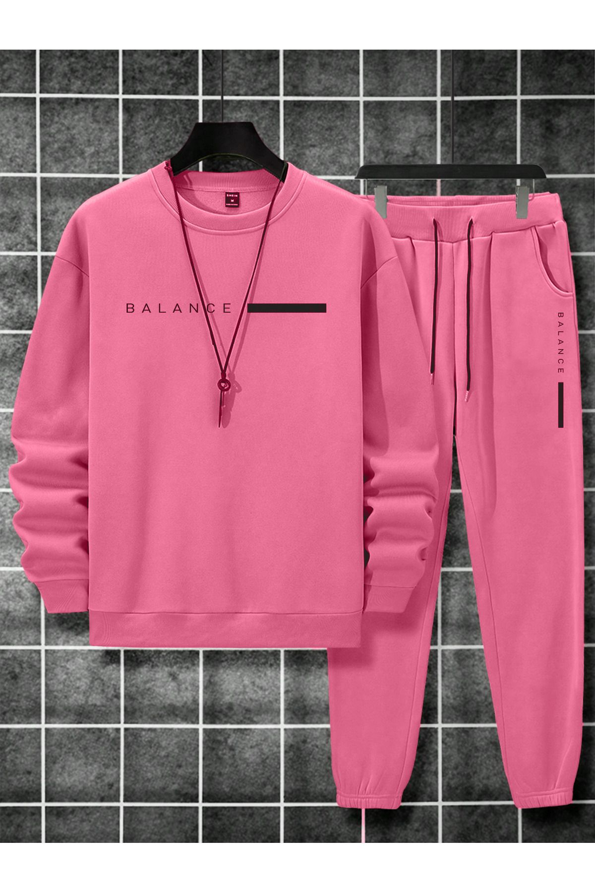 FoxSkin Sportswear&Company Balance Sweatshirt Eşofman Altı Jogger - Pembe Baskılı Eşofman Takımı Bisiklet Yaka