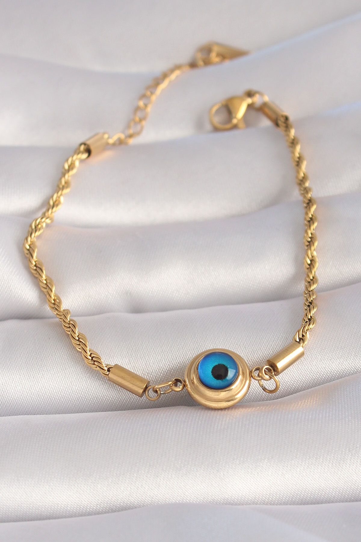 BZK ACCESSORİES 316L Çelik Gold Renk Burgu Zincir Nazar Boncuk Model Kadın Bileklik