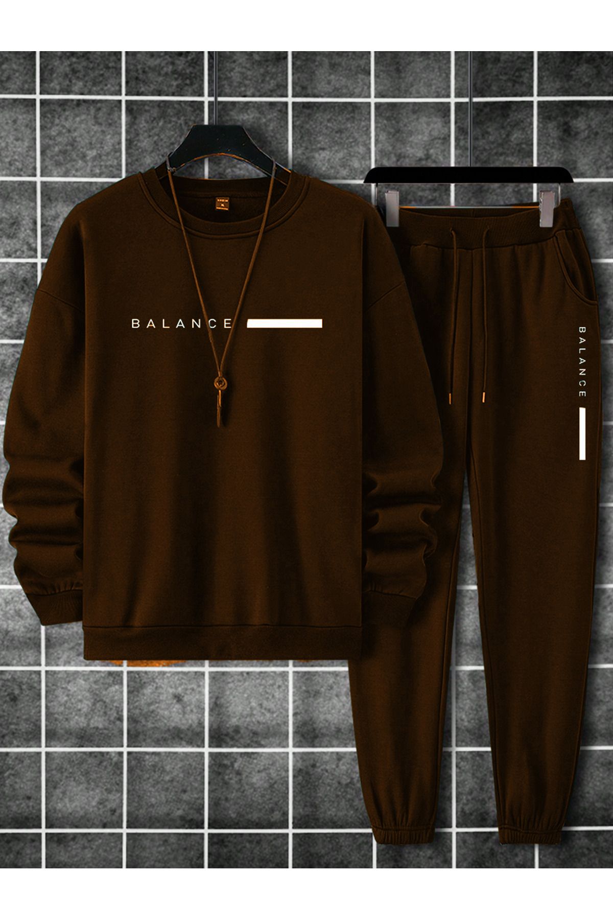FoxSkin Sportswear&Company Balance Sweatshirt Eşofman Altı Jogger - Kahverengi Baskılı Eşofman Takımı Bisiklet Yaka