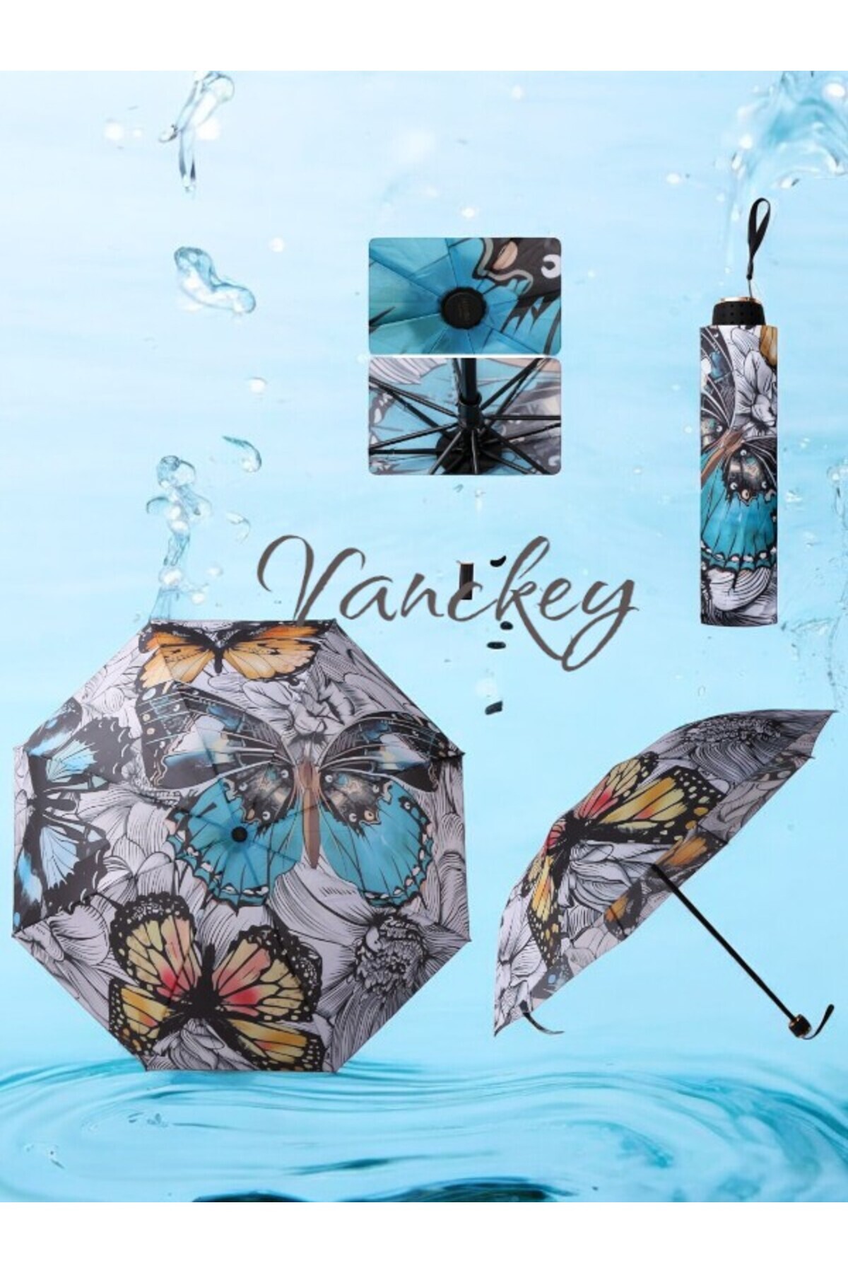 VANCKEY Üç Boyutlu 8 Telli Renkli Kelebek  Desenli Manuel Rüzgara Dayanıklı Kadın  Şemsiyesi