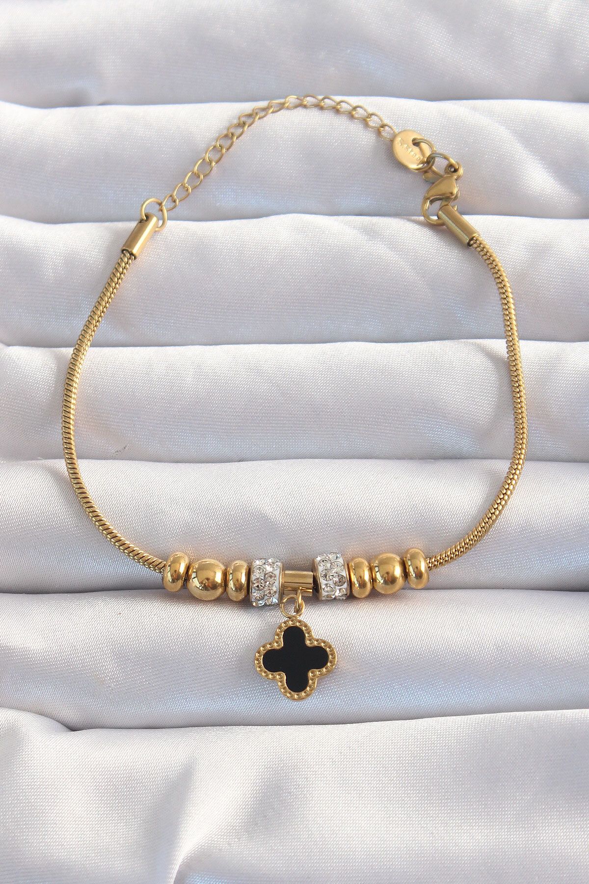 MMB Boutique 316L Çelik Gold Renk Zirkon Taş Aksesuarlı Siyah Mineli Yonca Bileklik