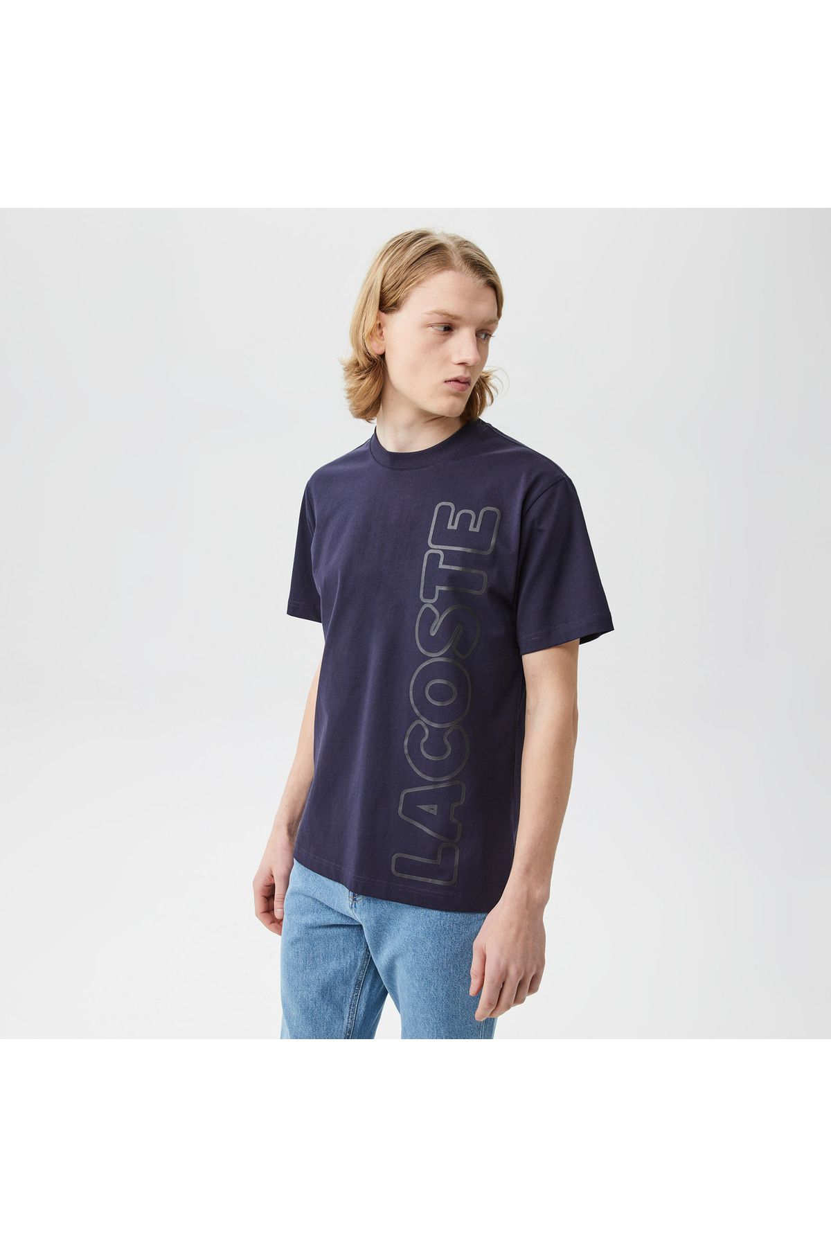 تی شرت آبی مردانه یقه دوچرخه تناسب با پیراهن رنگ دریایی طرح دار Lacoste