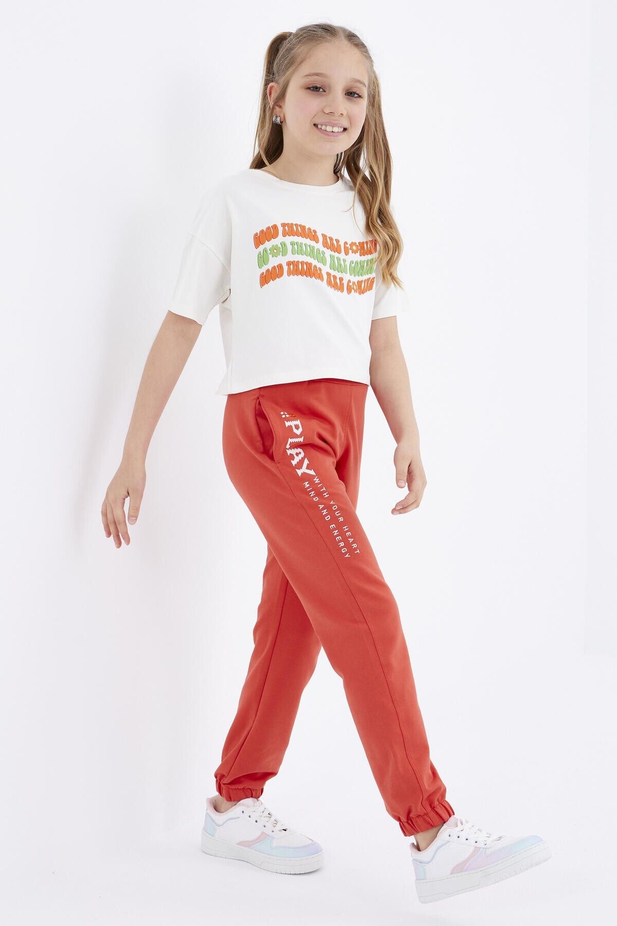 TOMMY LIFE-Orange Text Embroidered Lace Up Standard Mold Elastic Leg Girl's Tracksuit Bottom - 75051 3