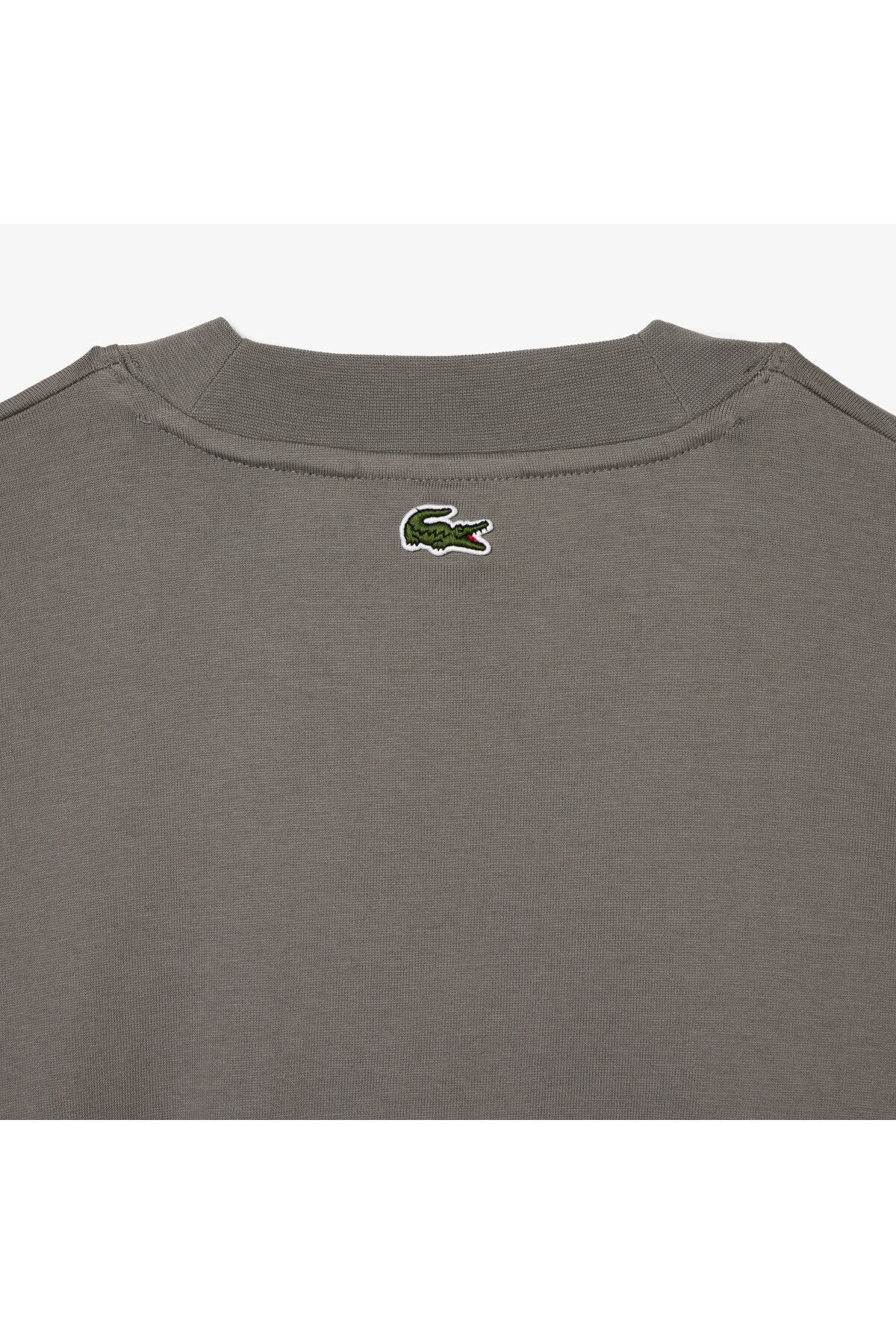 تی شرت خاکستری مردانه دوچرخه سواری آستین بلند و شل طرح دار تیره Lacoste