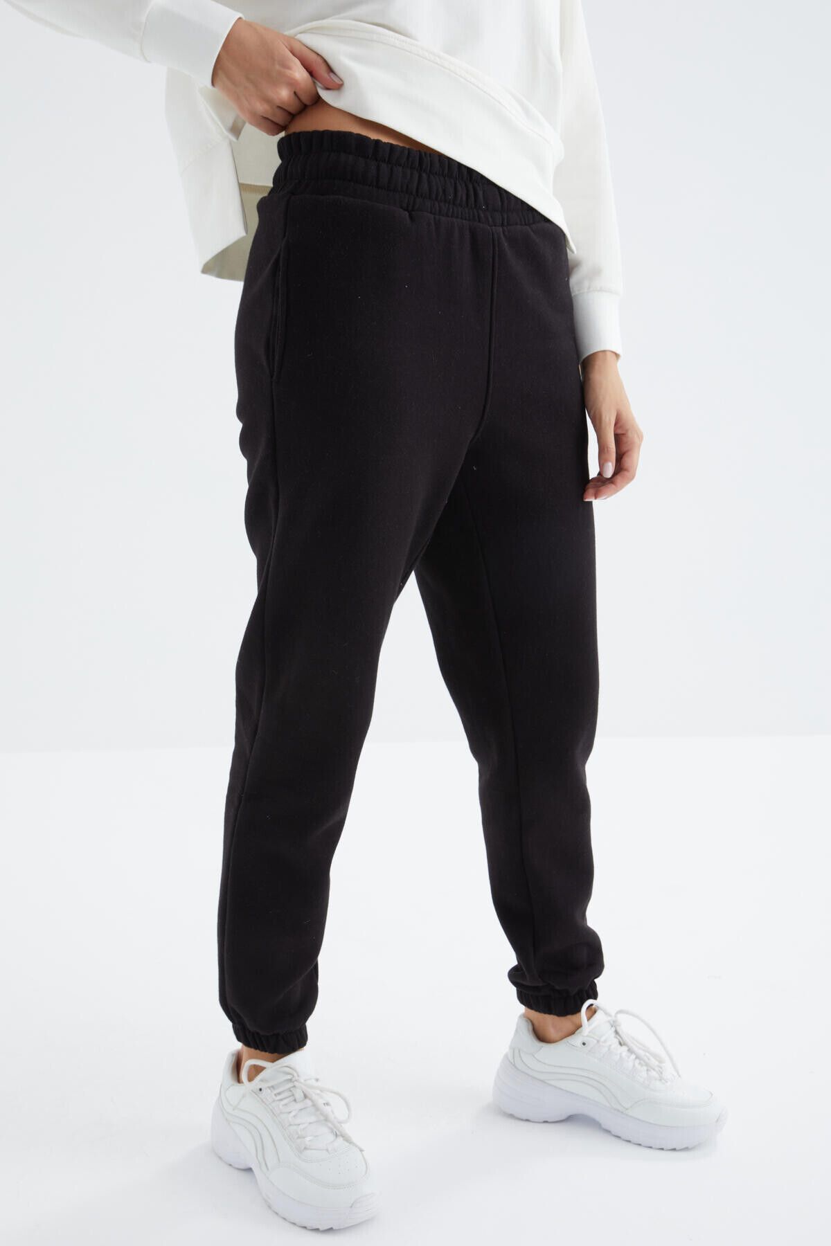 TOMMY LIFE-Black High Waist Raised 3 Thread Cotton Basic Women's Tracksuit Bottom - 94624 7