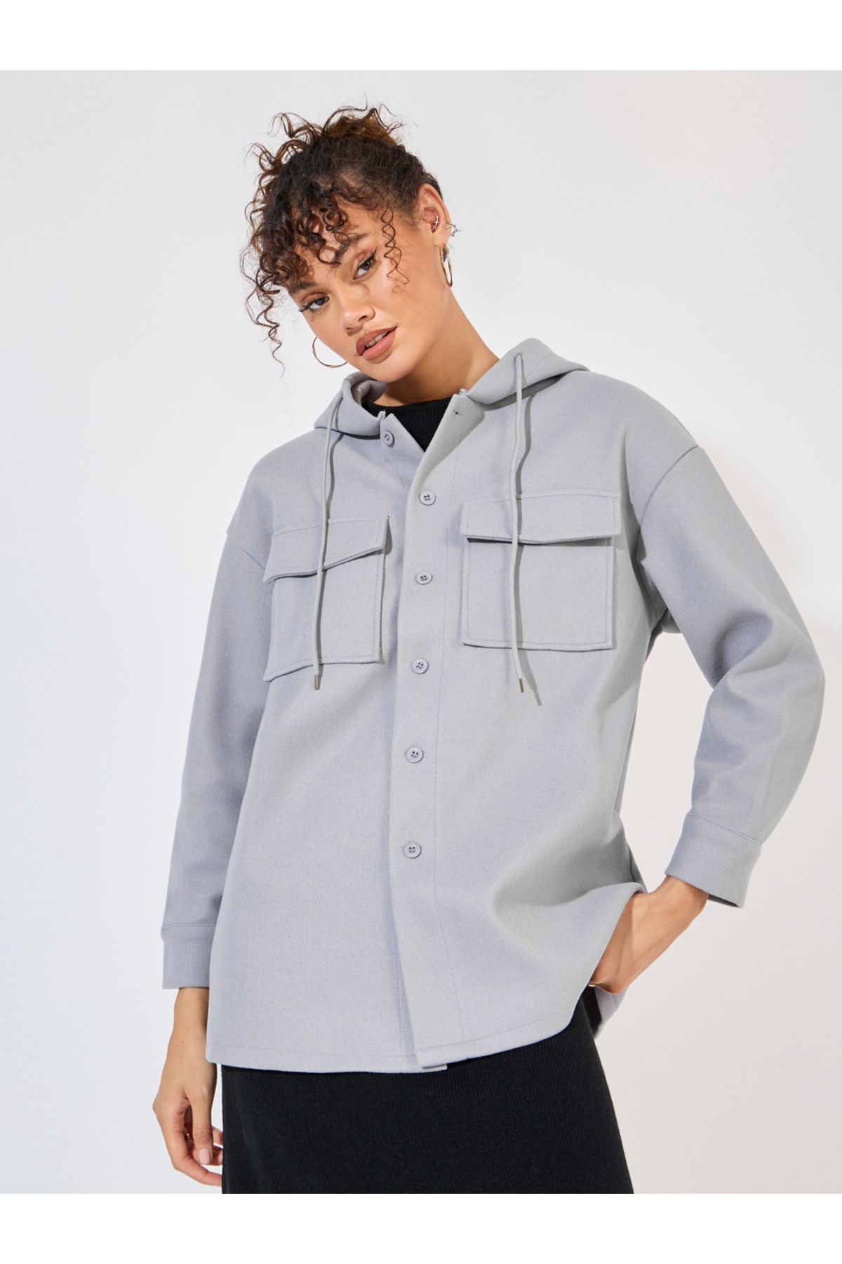 Styli-Oversized Longline Wool Like Shacket with Hood 2