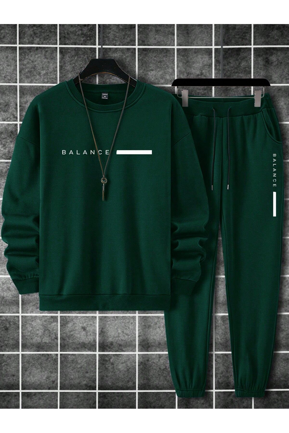 FoxSkin Sportswear&Company Balance Sweatshirt Eşofman Altı Jogger - Nefti Yeşil Baskılı Eşofman Takımı Bisiklet Yaka
