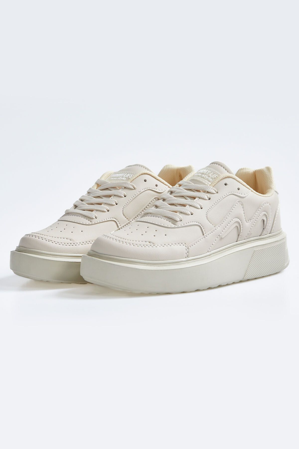 TOMMY LIFE-Beige Lace-Up High Sole Faux Leather Women's Sports Shoes - 89200 2