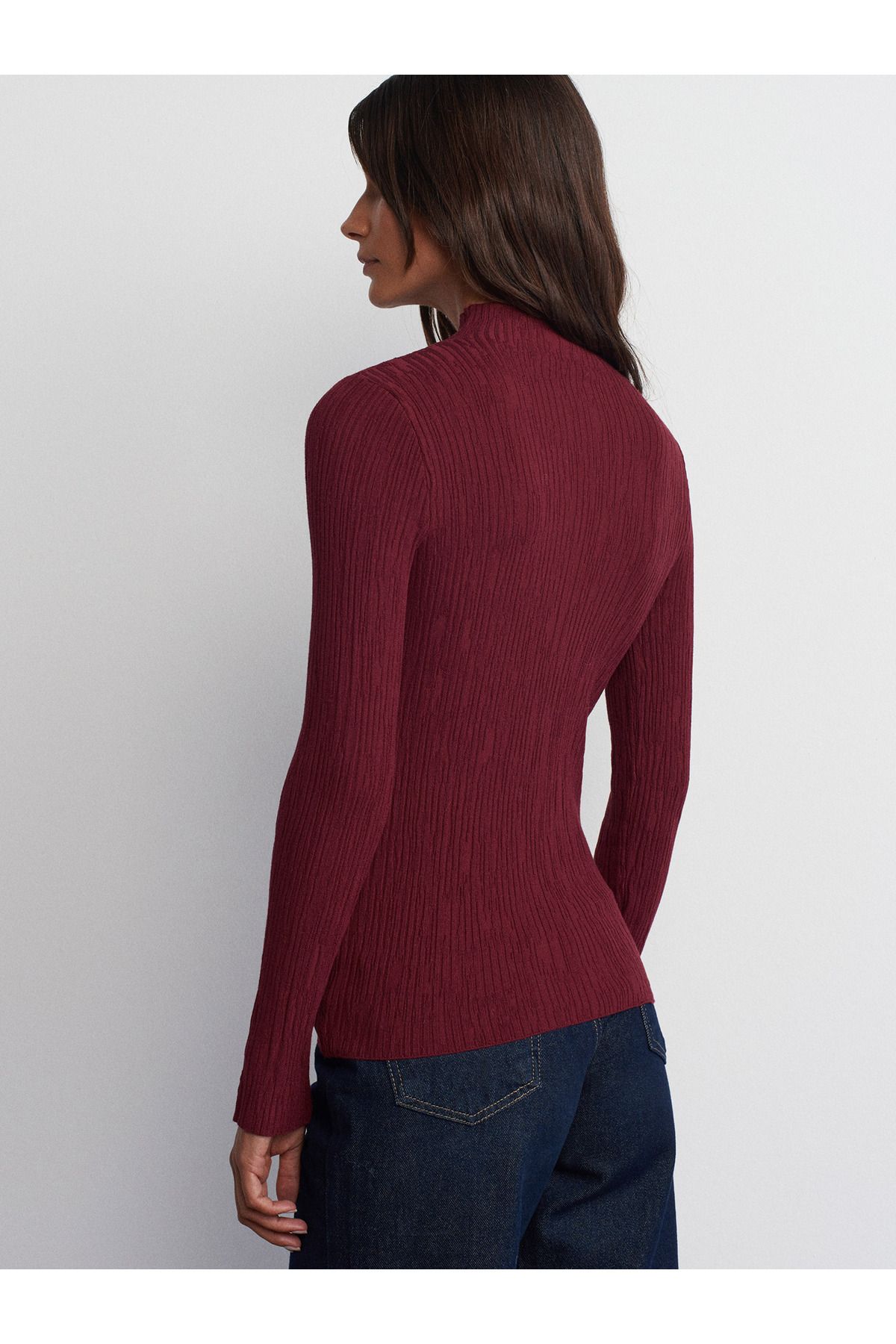 Dilvin-10631 Stand Collar Thin Textured Knitwear Sweater-Burgundy 2