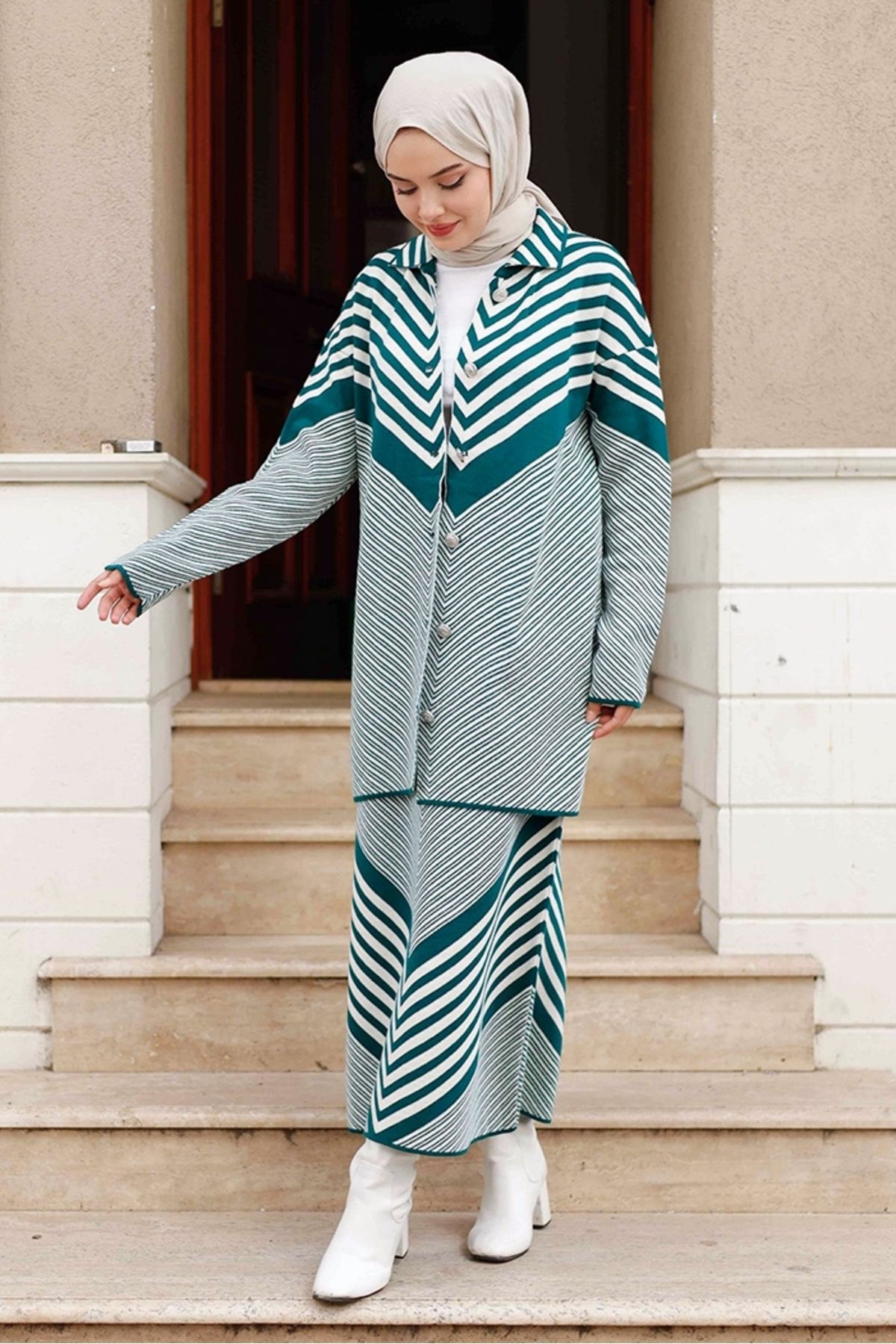 Bestenur-Emerald Green Striped Knitwear Skirt and Cardigan Set - 1223 2