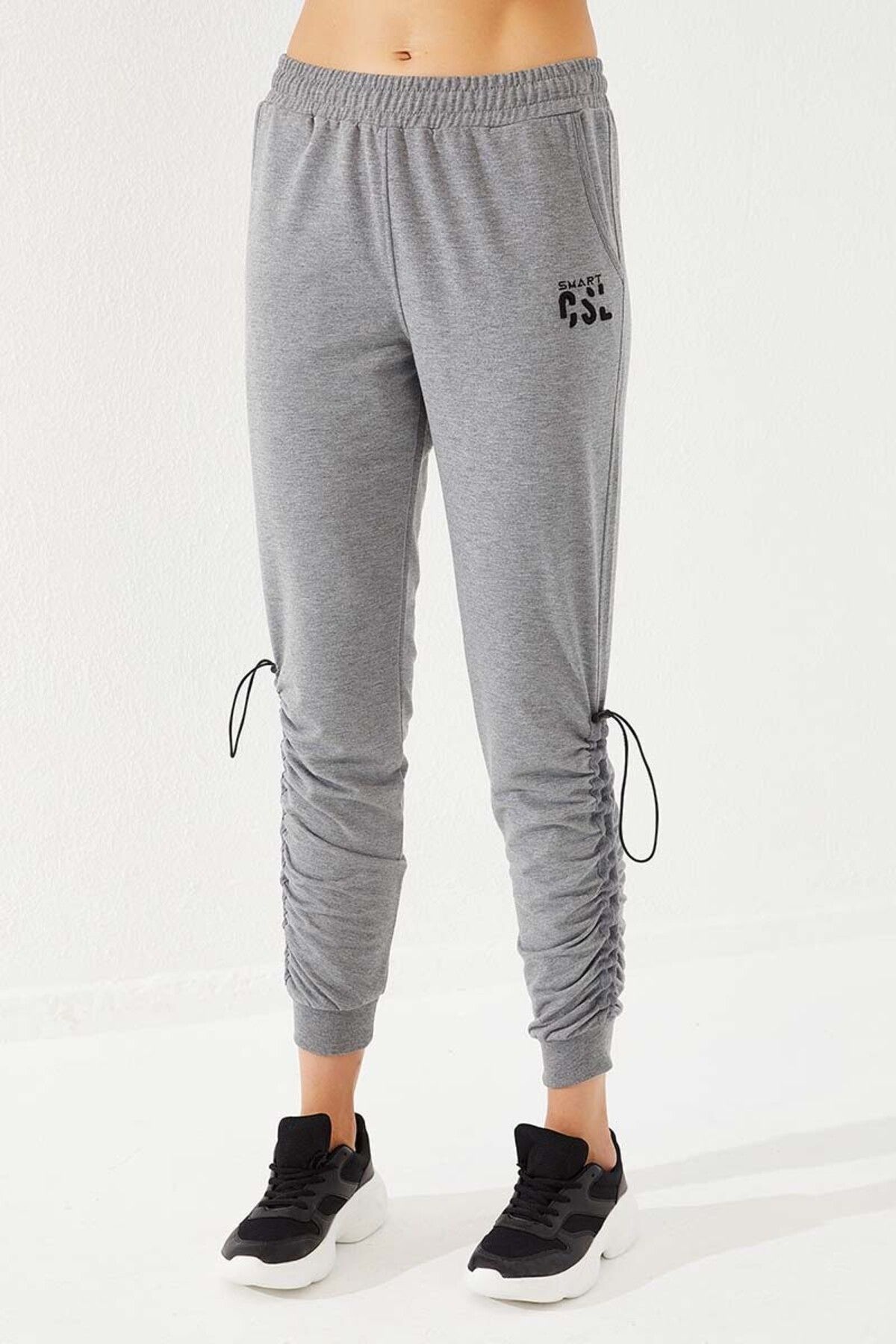 TOMMY LIFE-Grey Melange Extrafor Detailed Comfortable Form Cuffed Women's Tracksuit Bottom - 94587 6