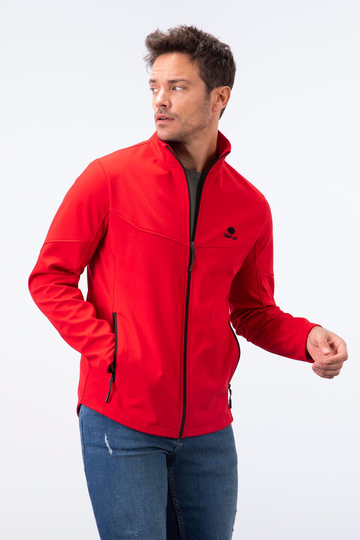 TOMMY LIFE-Red Zippered Stand Collar Water and Windproof Softshell Men's Coat - 88050 5