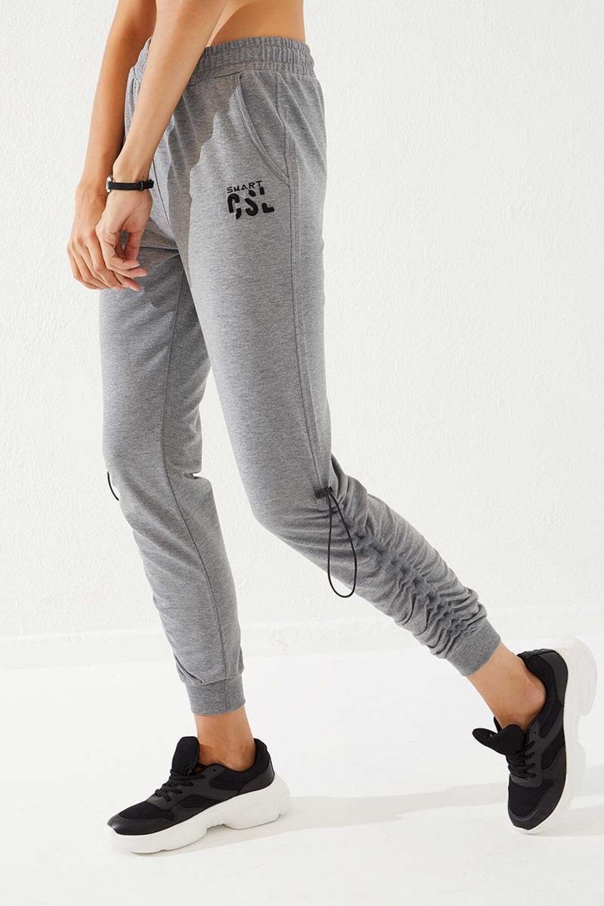 TOMMY LIFE-Grey Melange Extrafor Detailed Comfortable Form Cuffed Women's Tracksuit Bottom - 94587 2