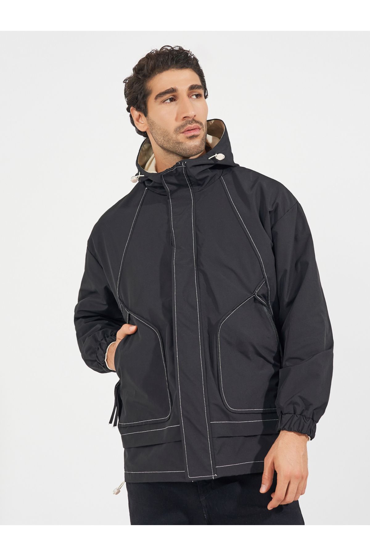 Styli-Contrast Stitch Detail Hooded Lined Parka Jacket 1