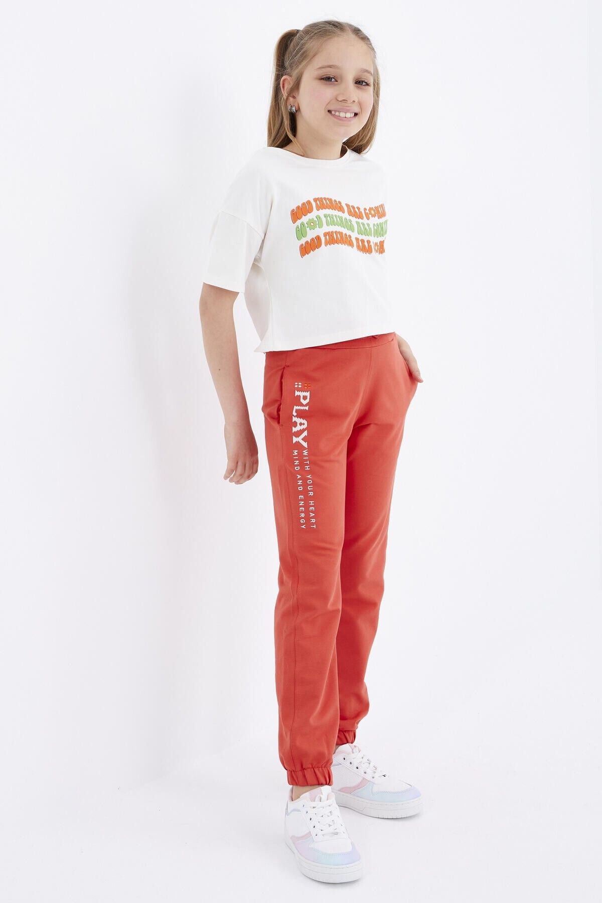 TOMMY LIFE-Orange Text Embroidered Lace Up Standard Mold Elastic Leg Girl's Tracksuit Bottom - 75051 5