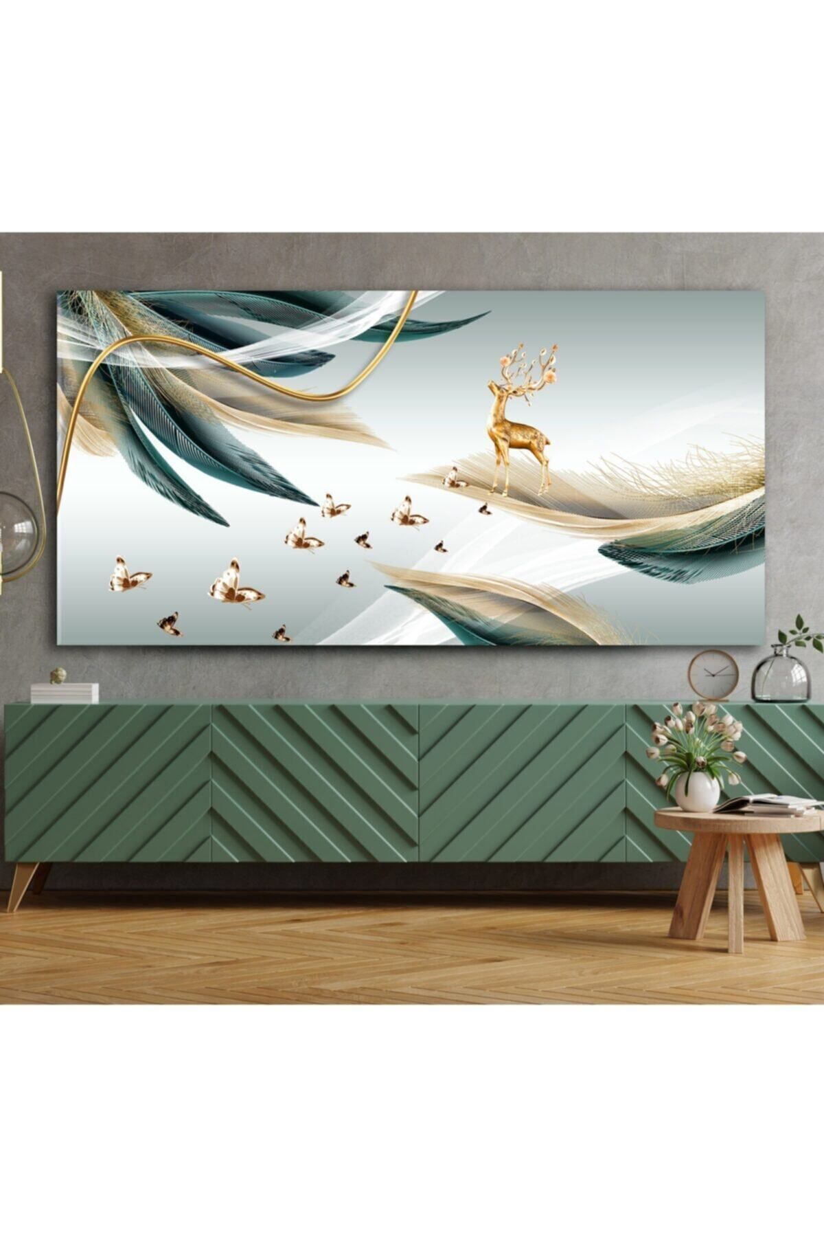 Vividale Modern Gold Geyik Ve Kuş Tüyleri Dekoratif Kanvas Tablo