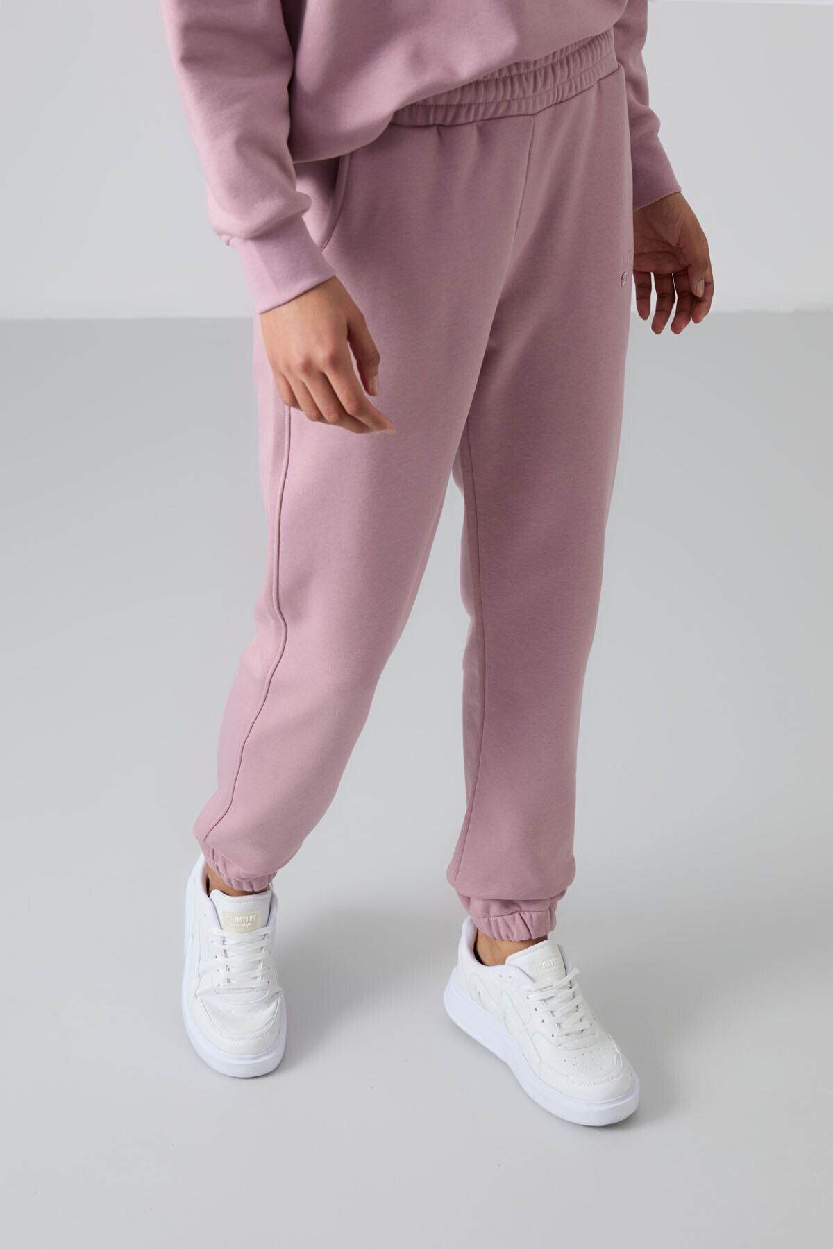 TOMMY LIFE-Dried Rose O-Neck Oversize Women's Tracksuit Set - Rubber Leg - 95287 8