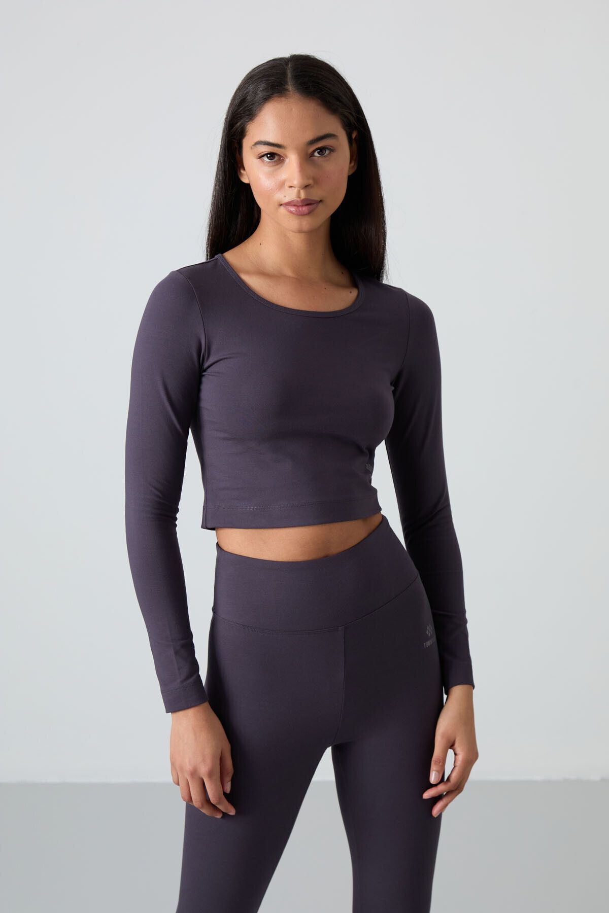 TOMMY LIFE-High Waist Anthracite Slim Fit Crop Top and Leggings Set - Long Sleeve - 95286 4