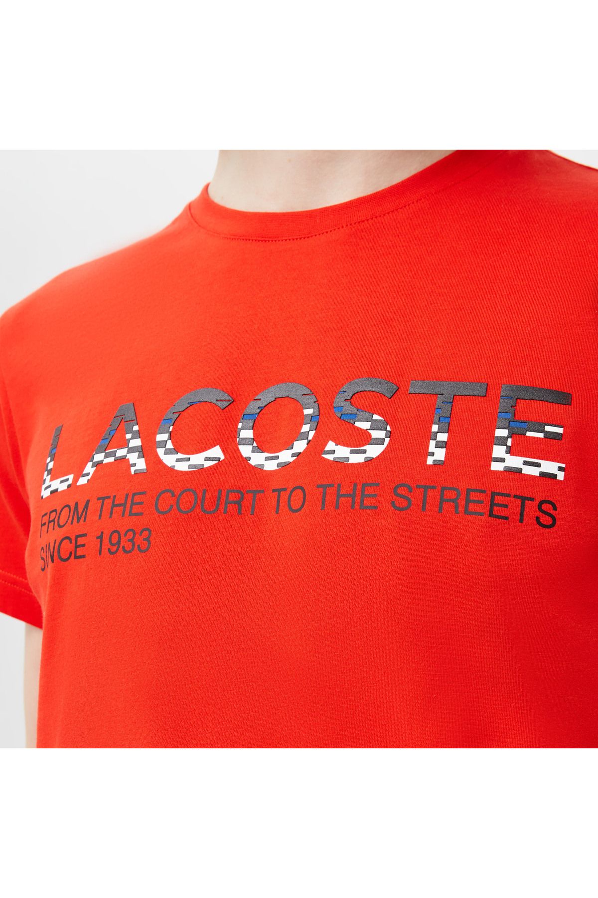 تی شرت قرمز مردانه یقه دوچرخه مناسب پیراهن طرح دار Lacoste