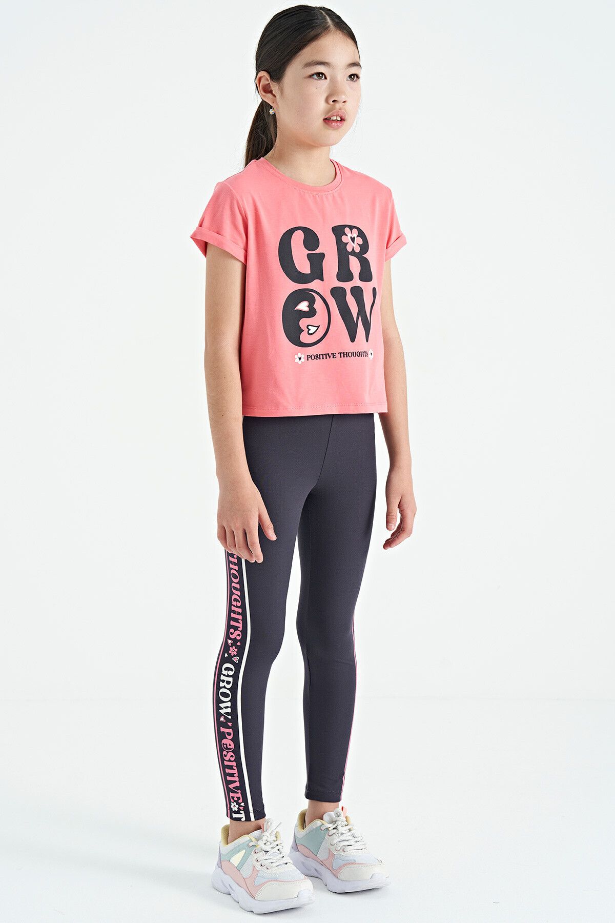 TOMMY LIFE-Rose - Anthracite Text Print Detailed O-Neck Girls' Tights Set - 75134 4