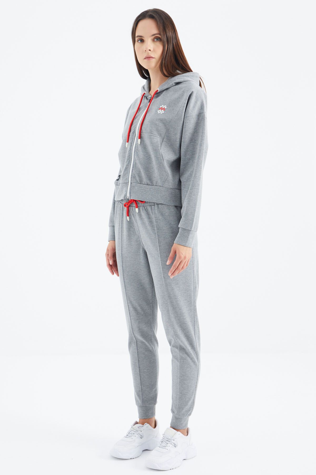 TOMMY LIFE-Oversize Gray Melange Women's Tracksuit Set - Hooded, Zippered and Pocket Detailed - 95322 8