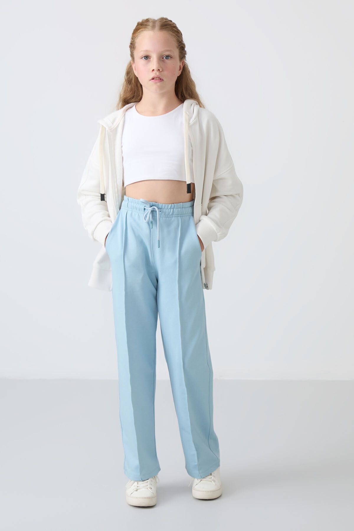 TOMMY LIFE-Light Blue Girl's Sweatpants with Wide Leg and Front Stitching Detail -75144 3