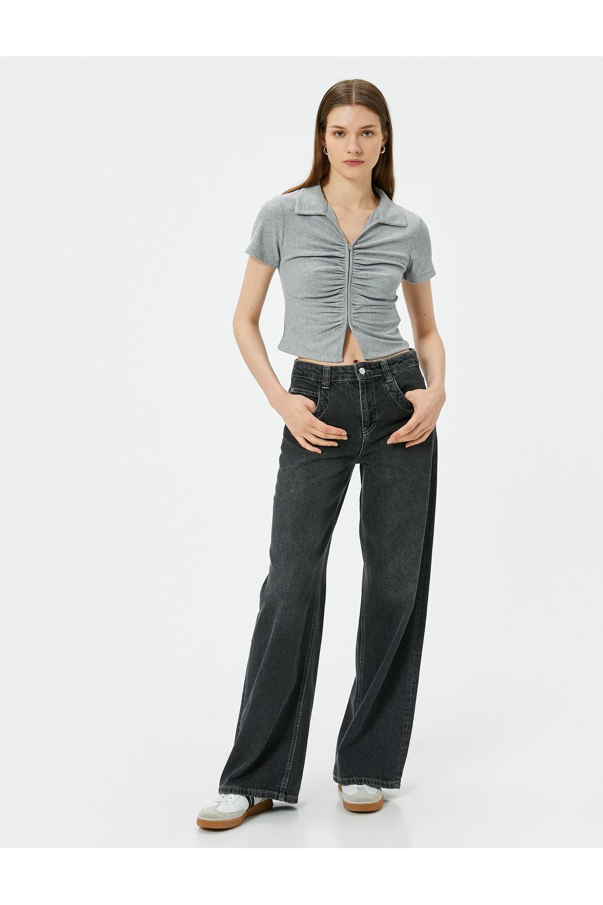 Koton-Ribbed Draped Polo Collar T-Shirt - Zippered 2