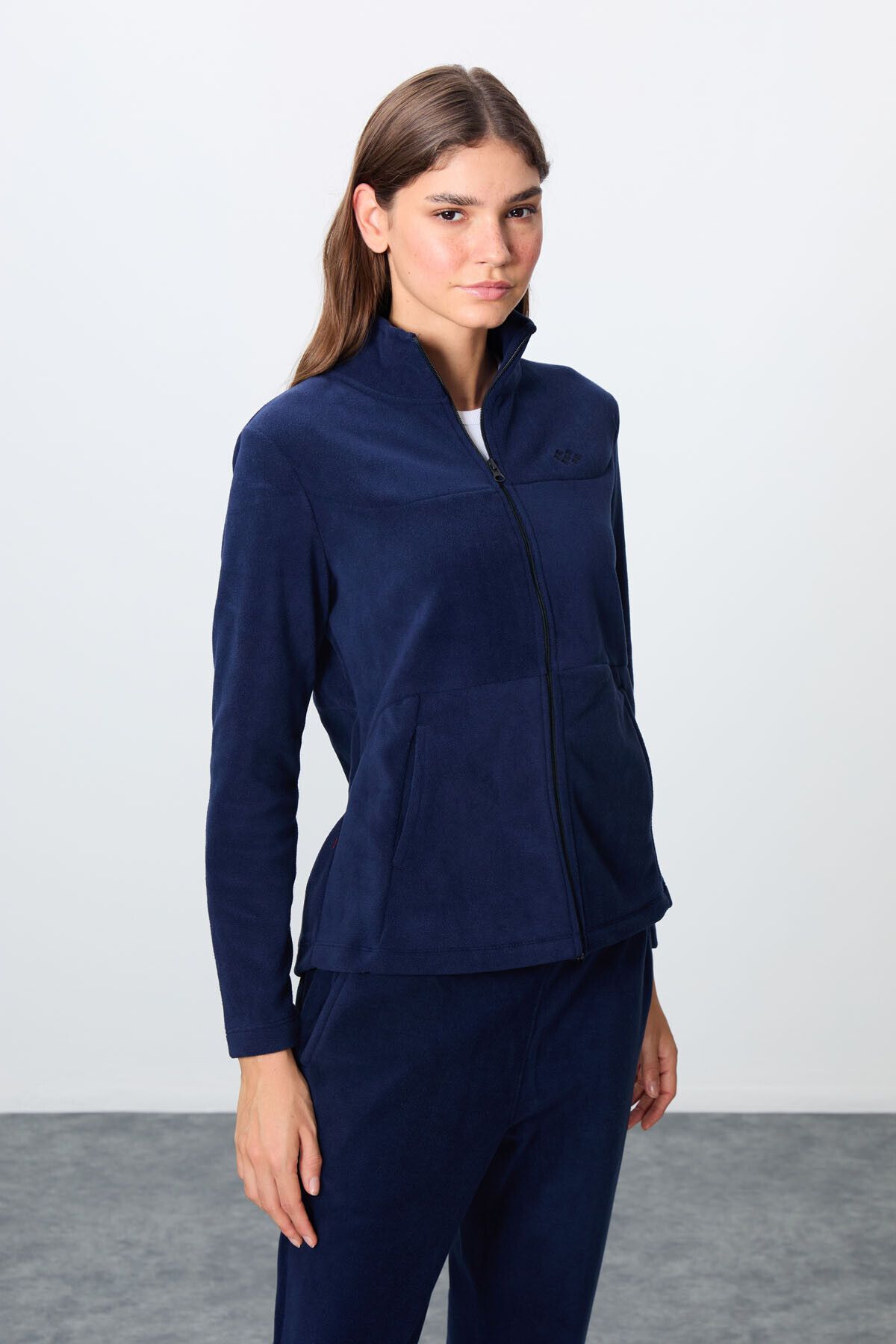 TOMMY LIFE-Navy Blue Embroidered Oversize Fleece Women's Tracksuit Set - Thick Soft Textured, Stand Collar -95339 5