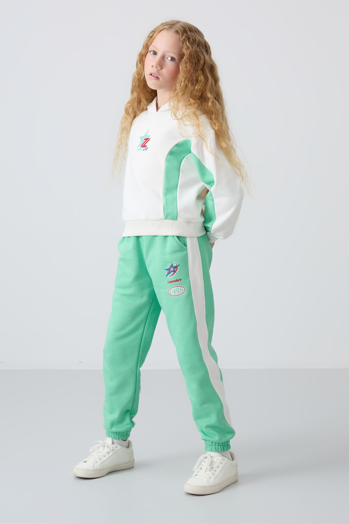 TOMMY LIFE-Water Green Cotton Girl's Tracksuit Set - Furry Inside, Soft Texture, Printed - 75166 6