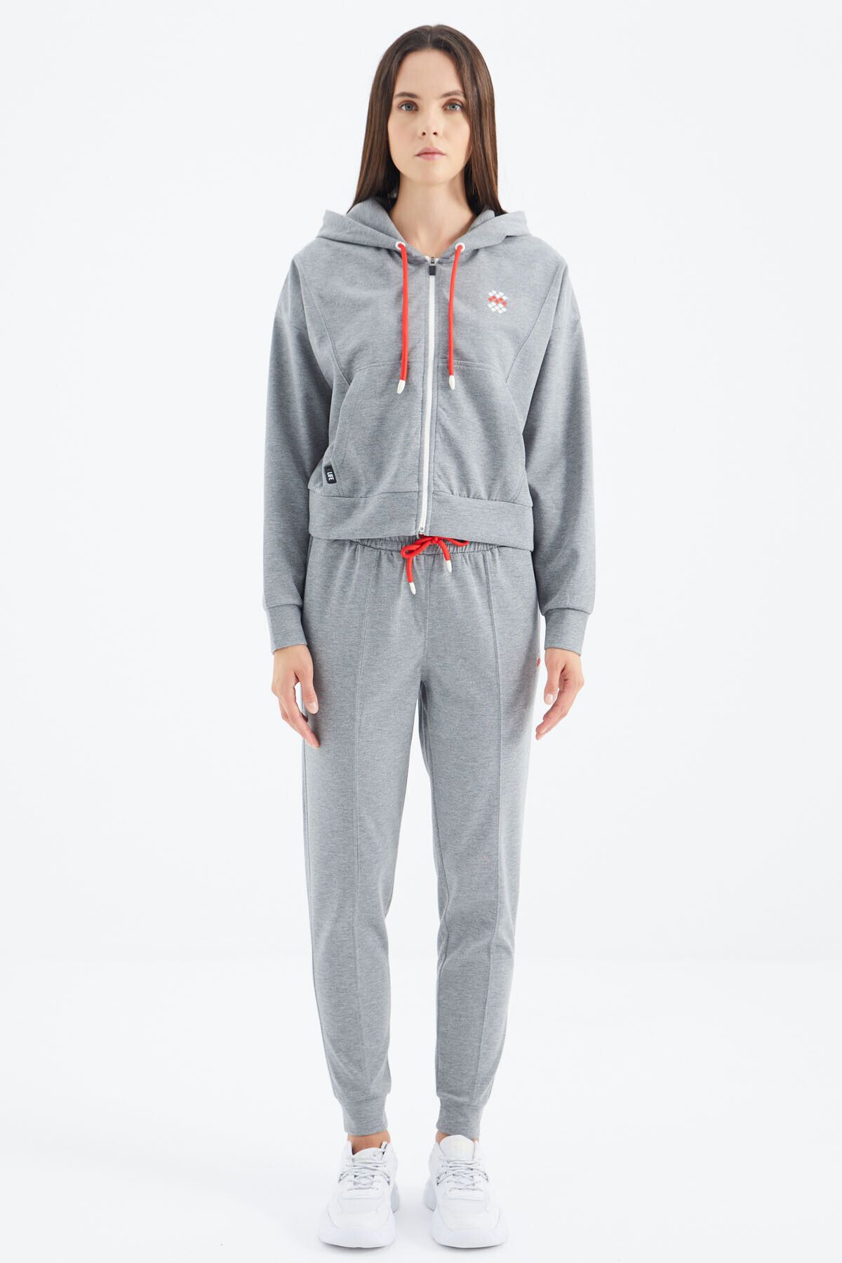 TOMMY LIFE-Oversize Gray Melange Women's Tracksuit Set - Hooded, Zippered and Pocket Detailed - 95322 2