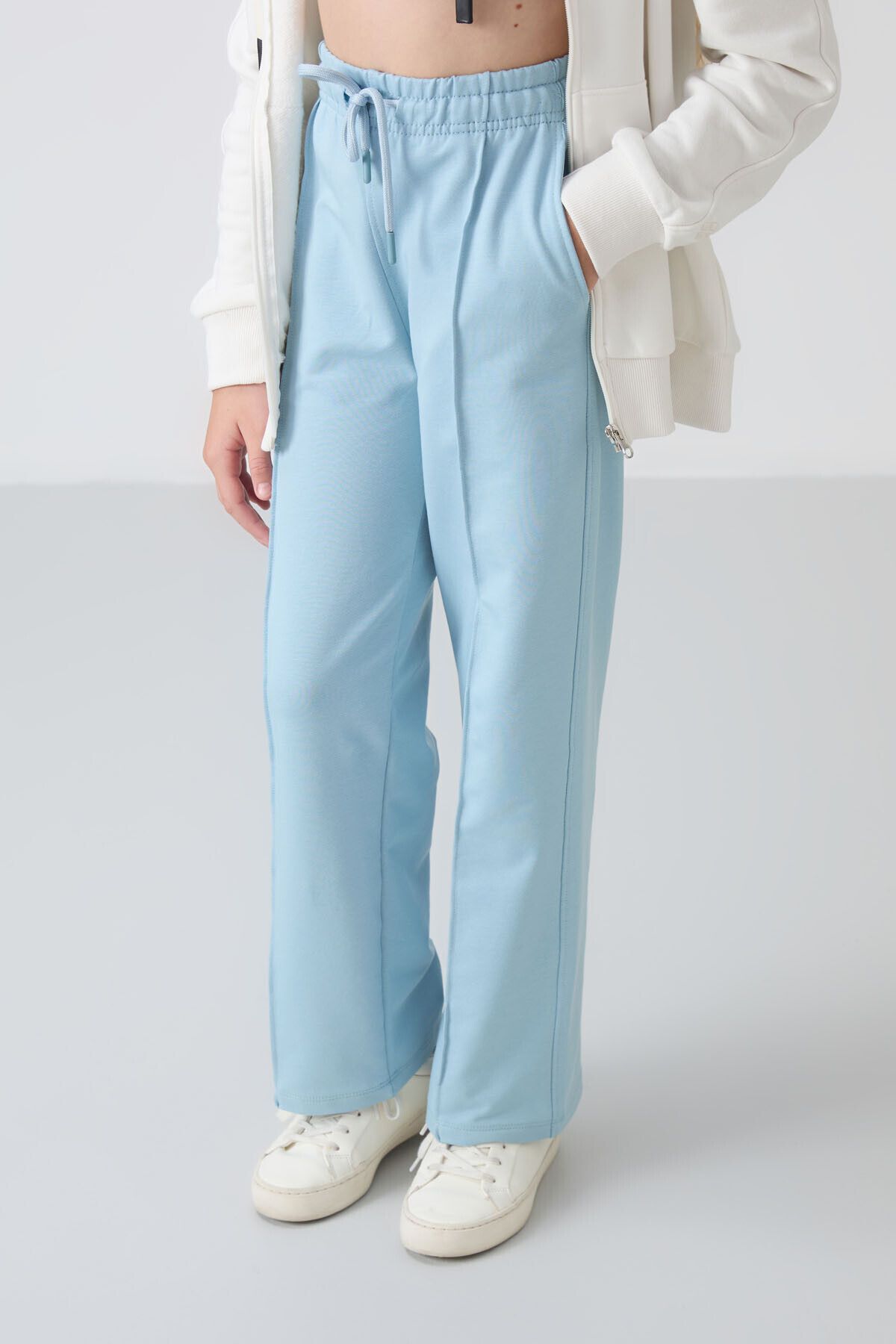 TOMMY LIFE-Light Blue Girl's Sweatpants with Wide Leg and Front Stitching Detail -75144 1