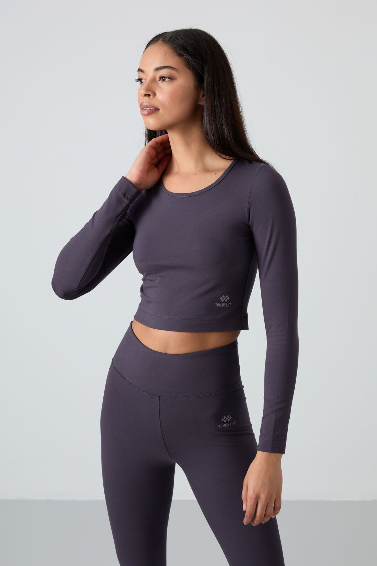 TOMMY LIFE-High Waist Anthracite Slim Fit Crop Top and Leggings Set - Long Sleeve - 95286 2