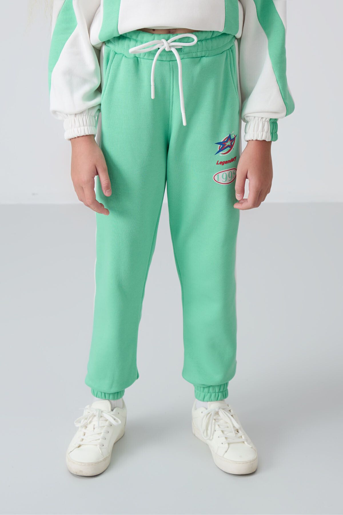 TOMMY LIFE-Water Green Cotton Girl's Tracksuit Set - Furry Inside, Soft Texture, Printed - 75166 2