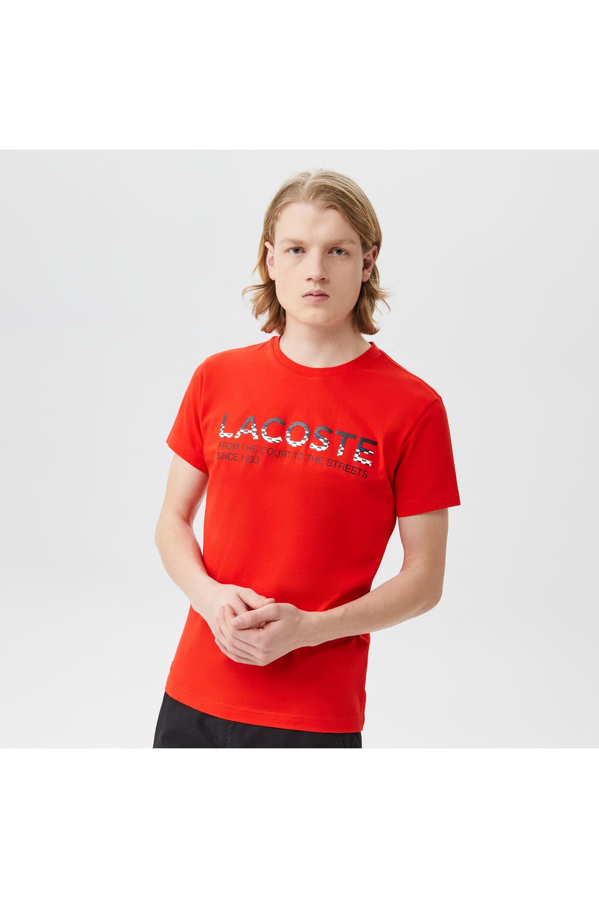 تی شرت قرمز مردانه یقه دوچرخه مناسب پیراهن طرح دار Lacoste