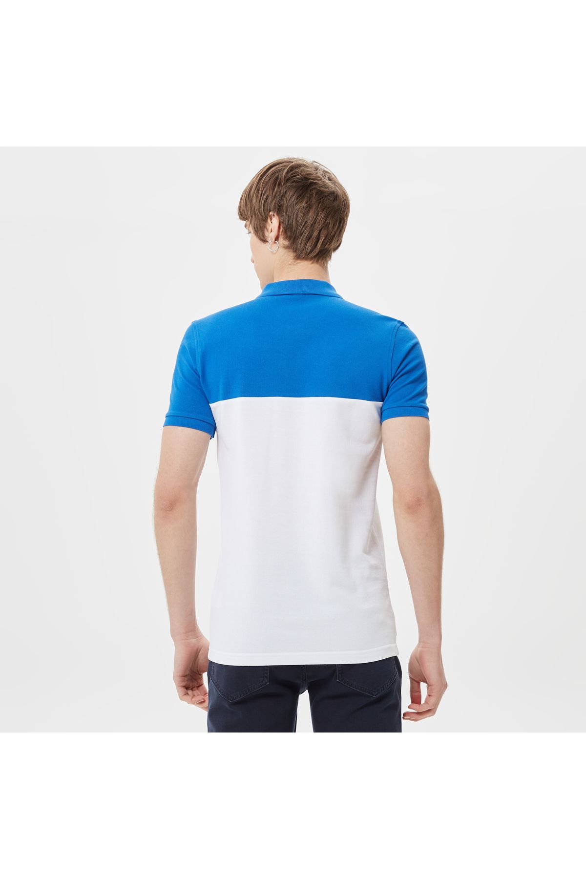 تی شرت یقه پولو آبی مردانه بلوک رنگی باریک چوگان Lacoste