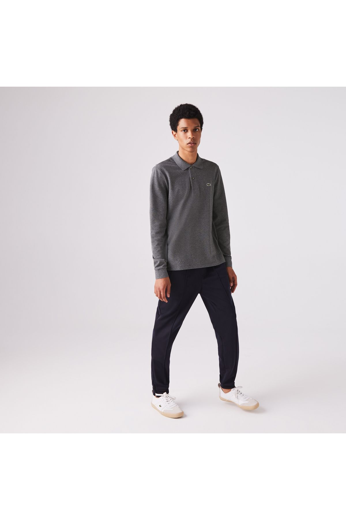 تی شرت یقه پولو خاکستری مردانه آستین بلند کلاسیک L.12.12 چوگان تیره Lacoste