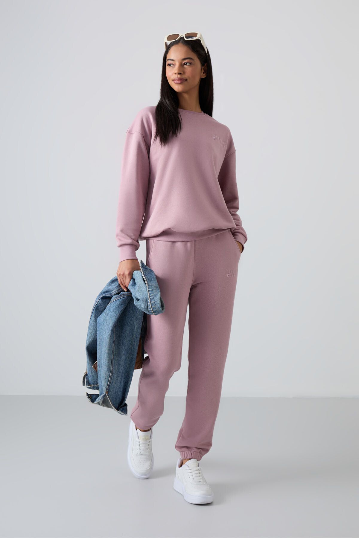 TOMMY LIFE-Dried Rose O-Neck Oversize Women's Tracksuit Set - Rubber Leg - 95287 1