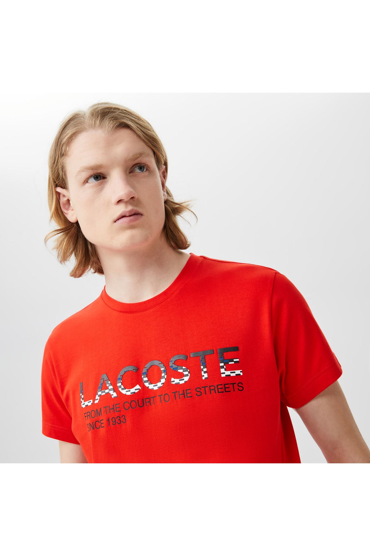 تی شرت قرمز مردانه یقه دوچرخه مناسب پیراهن طرح دار Lacoste